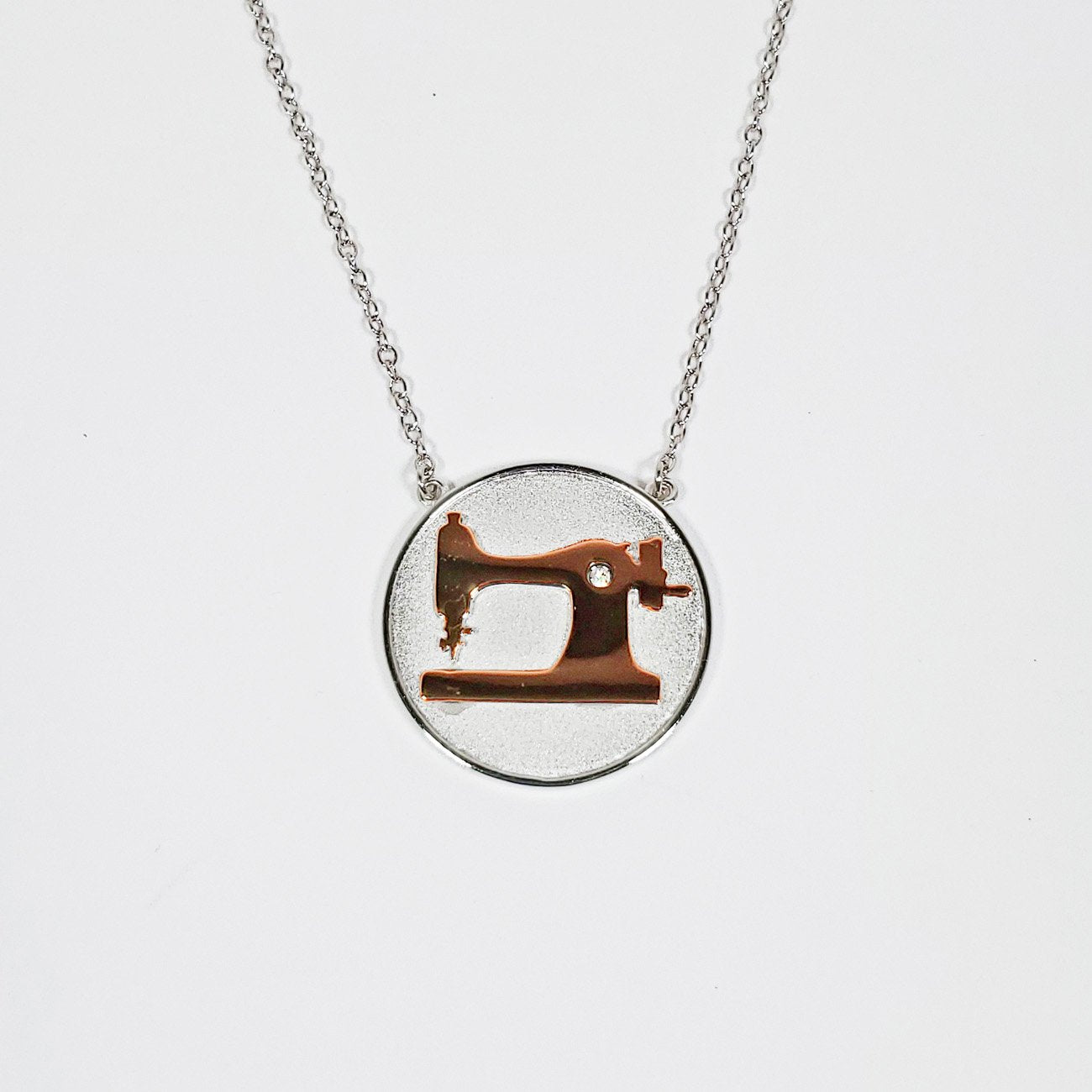 Sewing Machine Coin Pendant Necklace Two Tone Silver and Rose Gold
