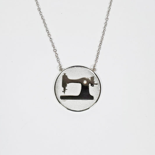 Sewing Machine Coin Pendant Necklace Silver